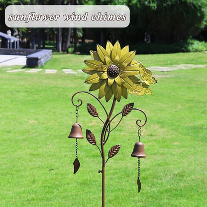 Decorative Garden Stakes,Garden Stake with Bells,Metal Flower Garden Decor | 50"H Sunflower Metal Flower Garden Stake with Bells, Lawn and Flower Bed Outdoor Garden Decor