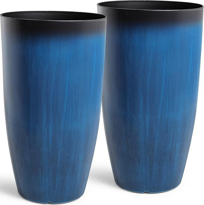 Autodaya 23.8" Tall Planters Set of 2, Large Plastic Plant Pots with Artistic Floating Cobalt Blue Glaze, UV-Resistant Lightweight PP Flower Pots for Outdoor Indoor Plants, Garden, Patio, Deck, Porch | Artistic Floating Cobalt Blue Glaze, Lightweight U...