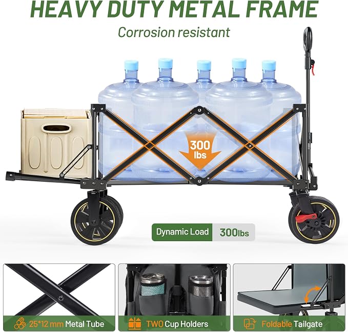Timber Ridge 49" Extra Long Collapsible Folding Wagon with Tailgate and Brakes, 300lbs Heavy Duty Foldable Wagon with Adjustable Handle, 250L Capacity Portable Cart for Outdoor Camping Sports, Grey