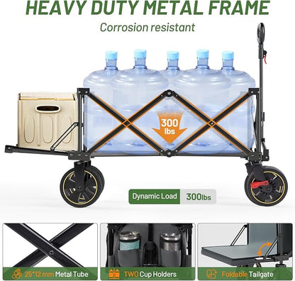 Timber Ridge 49" Extra Long Collapsible Folding Wagon with Tailgate and Brakes, 300lbs Heavy Duty Foldable Wagon with Adjustable Handle, 250L Capacity Portable Cart for Outdoor Camping Sports, Grey