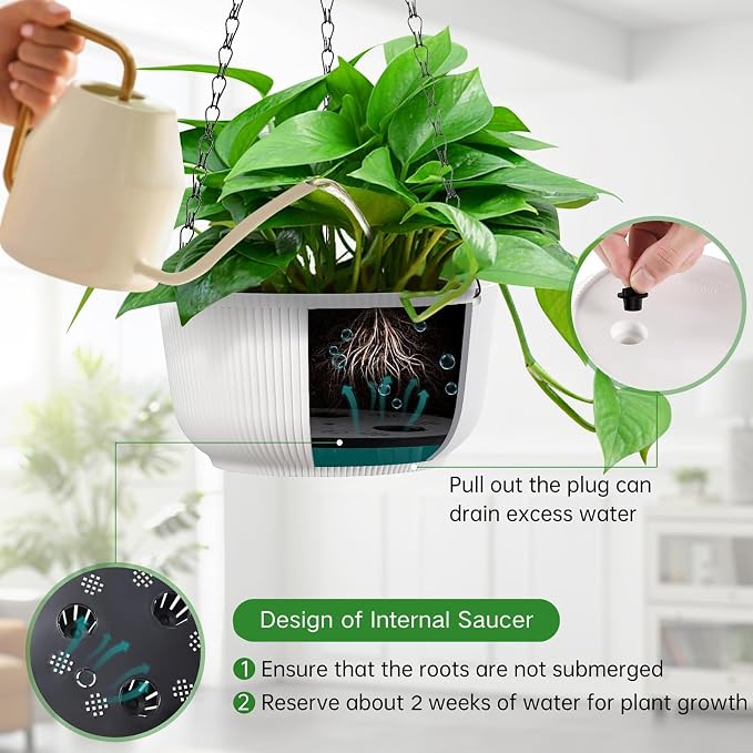 10 Inch Hanging Pots for Indoor Outdoor Plants Set of 2 | Self-Watering Hanging Planters with Internal Saucers, Drainage Holes & Plugs (Hooks)