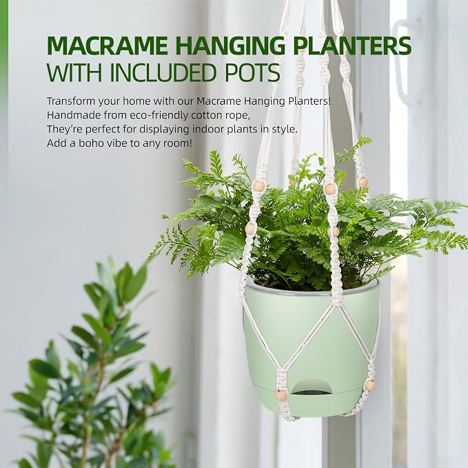 QCQHDU 2-Pack 7.1-Inch Macrame Self-Watering Hanging Planters, Pure Green | Small Plant Pots, Indoor & Outdoor, With Drainage, Two Sets of Hooks