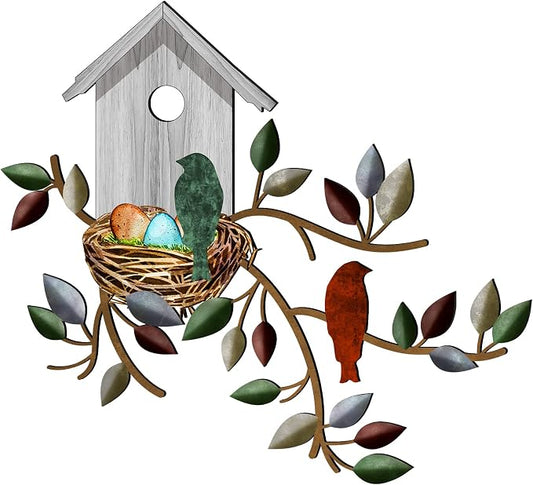 Peryiter Birds Wall Metal Decor Outdoor Art Hanging Metal Tree with Birdhouse for Living Room Tree Leaf Wall Decor for Indoor Outdoor Garden(White)
