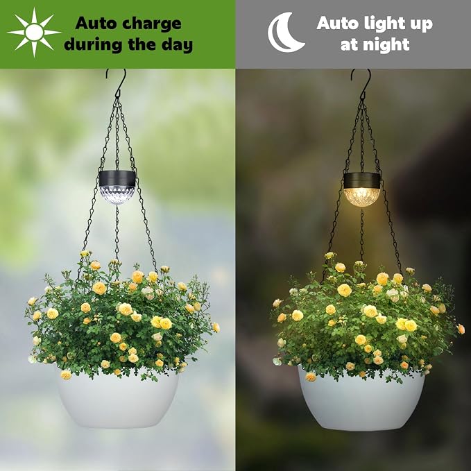 BAYN 2 Packs Solar Hanging Basket Planters for Plants Outdoor | Self Watering, White Flower Pots with Solar Light , Hanging Planters with Drainer for Balcony Patio Garden Decoration