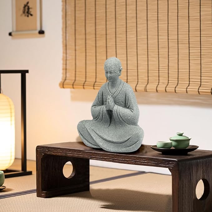 Zen Monk Statue Meditation Decor - Craft Sandstone 3.7inch Small Buddha Statue, Praying Pose for Desk Decor, Unique Gift for Buddha Lovers