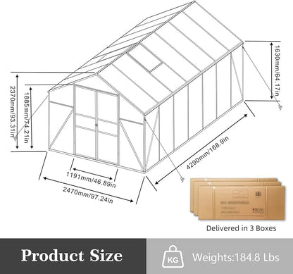 8x14 FT Greenhouse, Walk-in Heavy Duty Polycarbonate Outdoor Greenhouses with Raised Base & Anchor, Height-Enhanced Aluminum Frame, & Drainage System for Backyard All Season Growing, Black