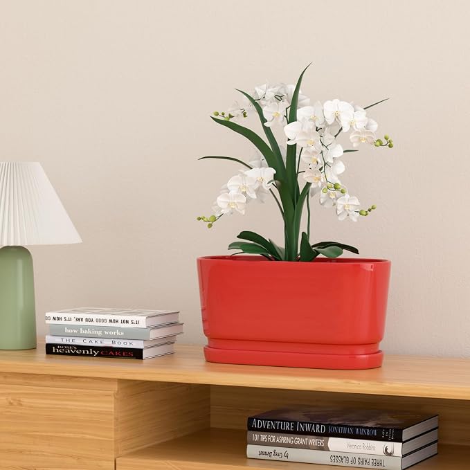 13" Rectangular Ceramic Planter with Drainage and Saucer, Red | Indoor Outdoor Use, 13"L x 5.5"W x 6.3"H, Modern Home Decor, Window Box Planter, Red Glossy Finish