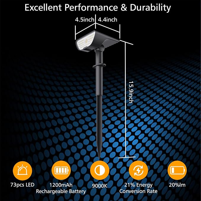 RUIKORING Solar Spot Lights Outdoor Waterproof, 73 LED Landscape Spotlight with 3 Lighting Modes, Dusk to Dawn Auto On/Off, 2-in-1 Wall & Ground Mount for Yard, Garden & Pathway, Cool White, 1 Pack