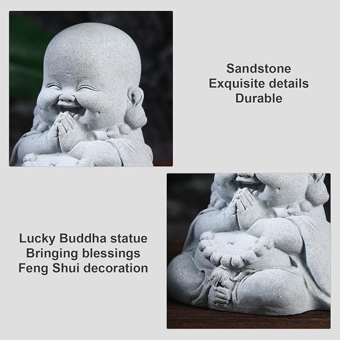 Prayer Buddha Statue for Home, Little Buddha Feng Shui Decor for Zen Garden, Sandstone Small Laughing Buddha Statue for Good Luck Decorations, Zen Decor for Home Outdoor Garden Office (Prayer Buddha)