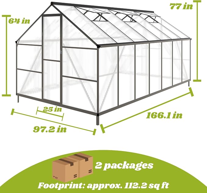 8x14FT Greenhouse for Outdoors, Polycarbonate Greenhouse with Quick Setup Structure and Roof Vent, Aluminum Large Walk-in Green House for Outside Garden Backyard, Dark Gray