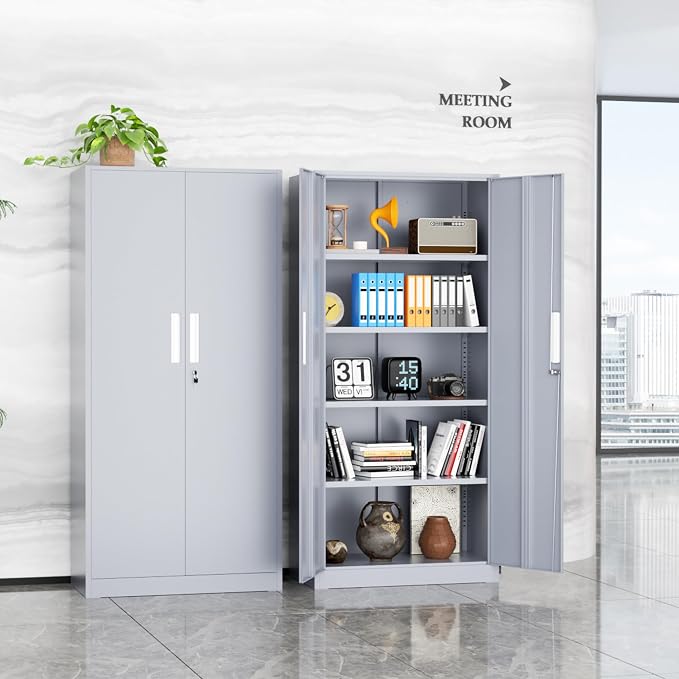 INTERGREAT Metal Storage Cabinet, 72" Locking Steel Cabinets with 2 Door and 4 Adjustable Shelves, Tall Metal Cabinet for Home Office, Garage, Warehouse,(Cement)