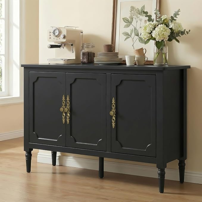 RoyalCraft Buffet Sideboard Cabinet with 3 Doors, Wooden Coffee Bar Credenza with Adjustable Shelves, Vintage Storage Cabinet for Kitchen Dining Entryway Living Room, Black