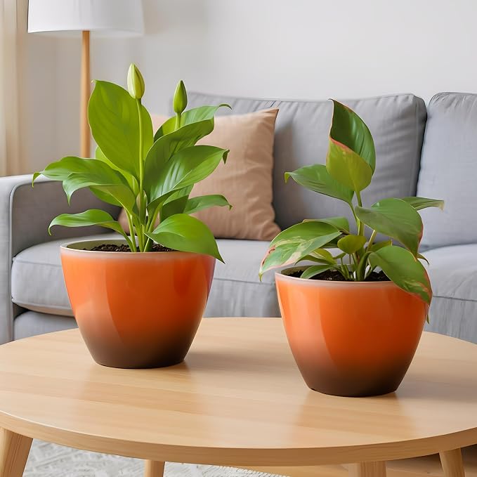 Vanslogreen Plant Pots for Indoor Outdoor Plants, Pack of 4 Plastic Flower Pots with Drainage Holes and Saucers, 8 Inch Glazed Planters for Indoor Plants Office Home Decor (Orange, 4pcs)