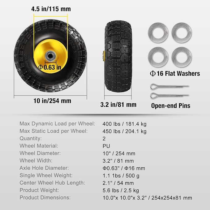 (2-Pack) BIG RED 10'' Solid Rubber Tires and Wheels, 4.10/3.50-4" Flat Free Tubeless with 5/8" Axle Bore Hole Bearings, 2.17"Offset Hub, For Truck,Wheelbarrow, Utility Cart, Dolly, Garden