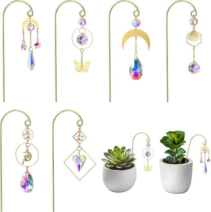 6pcs Crystal Suncatchers with Gold Small Trellis for Mini Potted Plants | Indoor Plant Accessories,7'' Garden Stakes Sun Catchers For Home Whimsical Decor,Christmas Gift for Gardening Enthusiasts