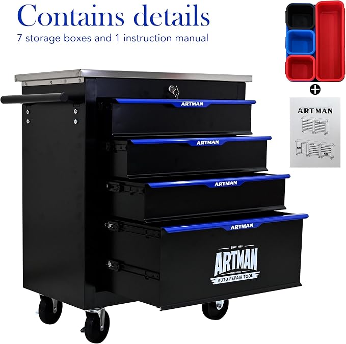 4-Drawer Rolling Tool Chest, Lockable Stainless Top for Garage, Black&Blue | Heavy Duty Modular Roll Around Tool Cabinet with Drawers for Workshop and Tool Box Storage