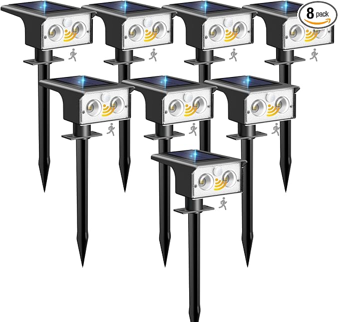 btfarm Solar Spot Lights Outdoor Waterproof, 8 Pack/3 Modes Motion Sensor Lights, Solar Powered Spotlights 2-in-1 Auto On/Off for Outside Pathway Yard Garden Landscape Lighting, Cool White