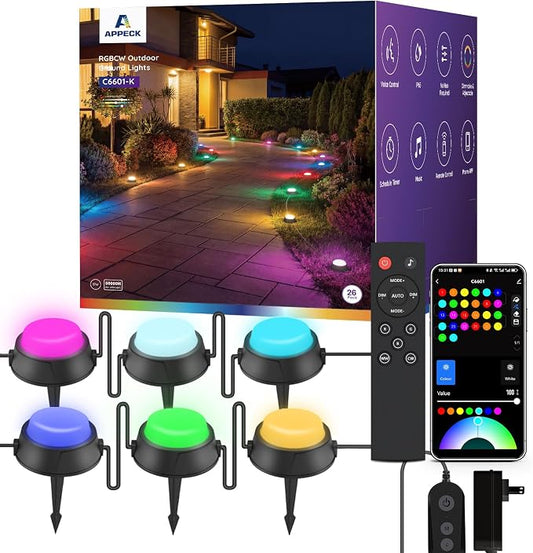 APPECK Outdoor Ground Lights 26 Pack, 58FT RGBCW Pathway Lights Wired | Tunable White Landscape Lights, DIY Scene Modes, IP65 Waterproof, for Path Yard Lawn Patio, Holiday Decor, App/Remote Control