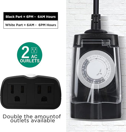 G-Homa 24 Hour Mechanical Outdoor Timer Outlet, Outdoor Timer for Lights, Waterproof, 2 Grounded Outlets, 15A 1/2HP, Heavy Duty, ETL Listed (2 Packs)