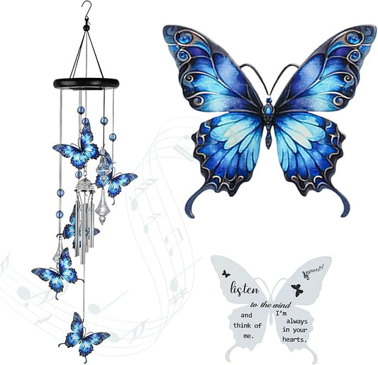 YU FENG Butterfly Memorial Wind Chime, Crystal Suncatcher Outdoor Decor | 27 Inch Metal Hanging Chime, Blue Butterfly Design, Sympathy Remembrance Gift, Garden Yard Patio Decoration