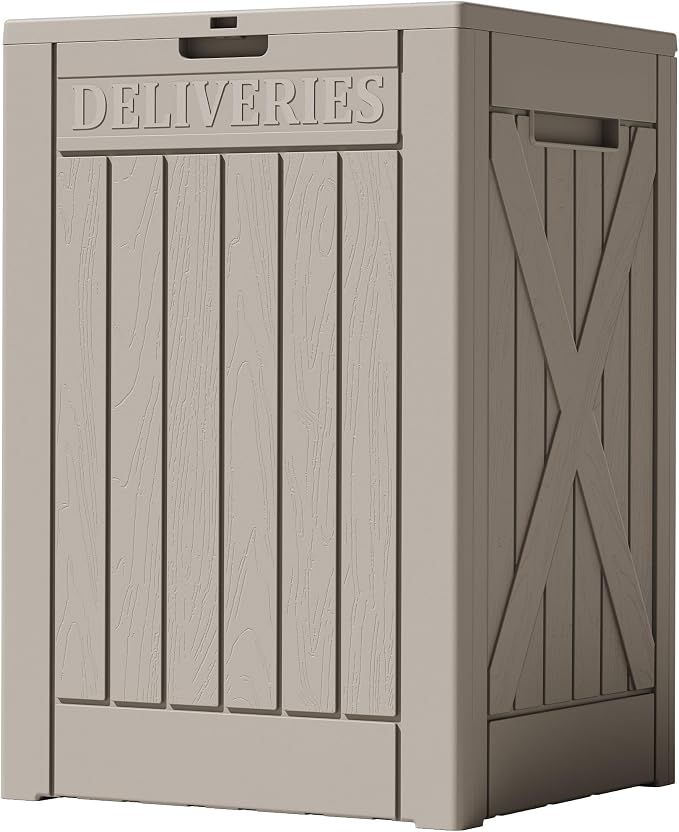 Greesum 48 Gallon Outdoor Package Delivery Box with Lock, Waterproof Secure Parcel Drop Box for Porch, Double-Wall Resin Storage, Light Coffee