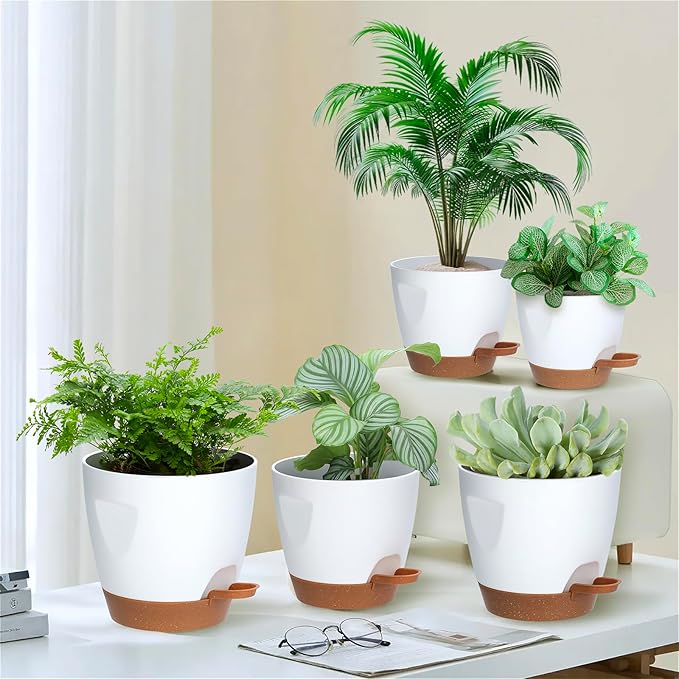 Self Watering Plant Pots with Drainage & Saucers, 5-Pack 7/6.5/6/5.5/5 in - Plastic Flower Pots for Indoor Plants, Succulents & Herbs, Planters for Indoor Outdoor & Balcony (White)