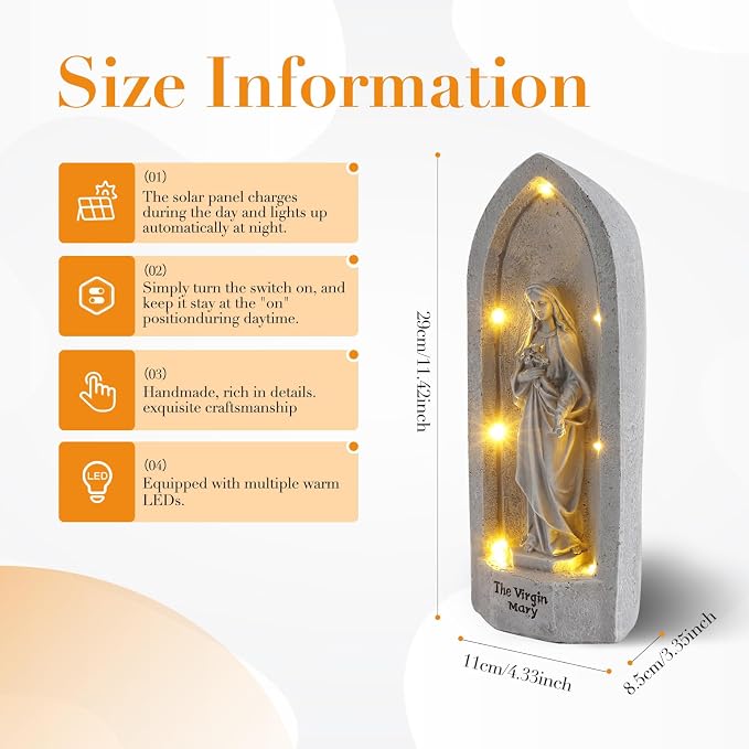 The Virgin Mary Statue with 7 Solar Light Garden Decor for Yard, Patio, Entryway, Indoor and Outdoor Religious Figurine Decoration Gifts for Mom