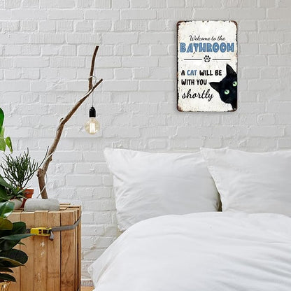 mmiishe Metal Signs Black Cat Lover Gifts for Women Men Funny Cat Bathroom Decor Vintage Metal Wall Decor for Restroom Toilet Powder Room Wall Art Plaques 8x12 Inches Bathroom Accessories