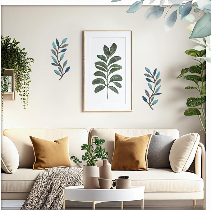 Zhengmy 2 Pieces Metal Tree Leaf Wall Decor Vine Olive Branch Leaf Wall Art Living Room, Hallway Wall Decor Outdoor Decoration(Vintage Blue)