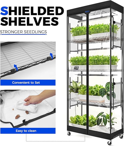 Barrina LP750 Indoor Greenhouse with Grow Light, 5-Tier Plant Stand with Light 140W TX-S35 2FT, 5000K Full Spectrum Plant Shelf with Tent, Timer & Thermometer for Seed Tray Growth 29.5 x 13.8 x 70.9IN
