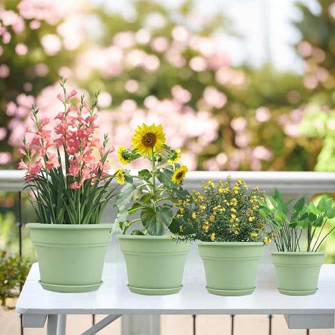 Pottiffe 11 Inch Plastic-Flower-Pot-for-Indoor-Plants, 4 Pack Large Outdoor Planter Pot with Drainage Holes & Saucers, Resin Decorative Garden Pots Planters