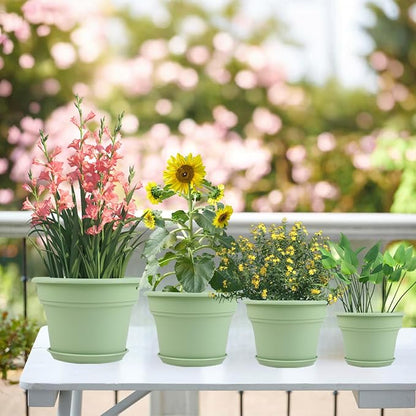Pottiffe 10 Inch Plastic-Flower-Pot-for-Indoor-Plants, 4 Pack Large Outdoor Planter Pot with Drainage Holes & Saucers, Resin Decorative Garden Pots Planters