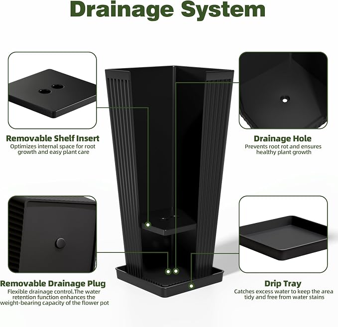 Tall Black Planters Outdoor Set of 2-24" Modern Tapered Plastic Planters for Outdoor Plants with Drainage Holes/Partition/Tray, Large Indoor Planter for Porch Patio Garden Front Porch