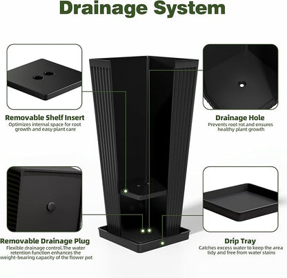 Tall Black Planters Outdoor Set of 2-24" Modern Tapered Plastic Planters for Outdoor Plants with Drainage Holes/Partition/Tray, Large Indoor Planter for Porch Patio Garden Front Porch