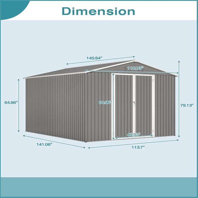 YOPTO 12X10 FT Metal Outdoor Storage Shed W/Floor & Lockable Door,Gray | Galvanized Steel Garden Shed W/ 4 Air Vents,Sloped Roof,Reinforced Structure,All Weather Waterproof for Patio,Backyard,Lawn