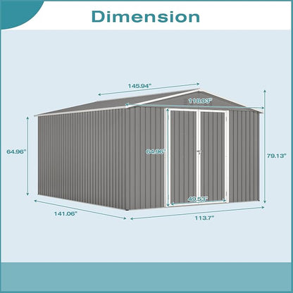 YOPTO 12X10 FT Metal Outdoor Storage Shed W/Floor & Lockable Door,Gray | Galvanized Steel Garden Shed W/ 4 Air Vents,Sloped Roof,Reinforced Structure,All Weather Waterproof for Patio,Backyard,Lawn