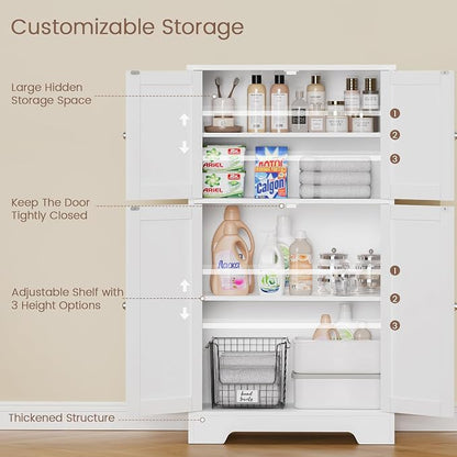 TEENFON Bathroom Floor Storage Cabinet, Freestanding Bathroom Storage Unit with 2 Adjustable Shelves & 4 Doors, White