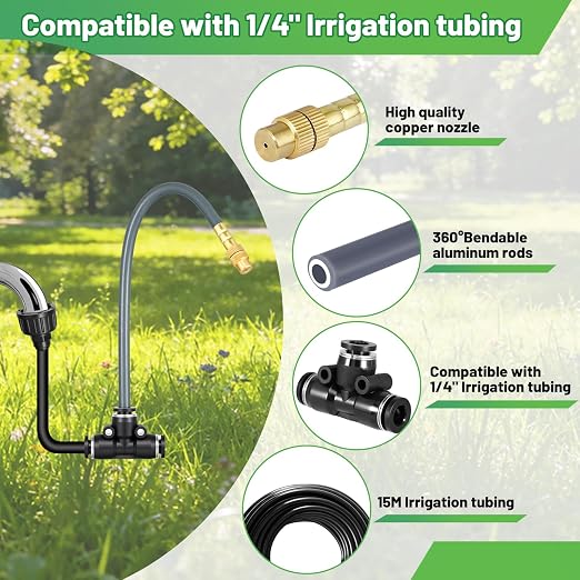 360° Adjustable 1/4" Drip Irrigation System Kits,Bendable Watering Misting Irrigation System, Garden Watering Atomizing System with 15 Nozzles for Garden Irrigation System (No Include 1/4" Tubing)