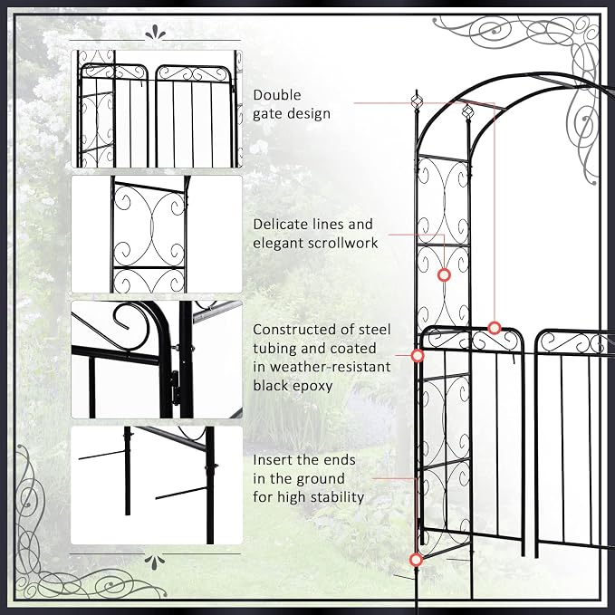 Outsunny 84" Garden Arch Arbor with Gate, Metal Arch Trellis, Garden Archway for Climbing Vines, Wedding Ceremony Decoration, Flourishes & Arrow Tips, Black