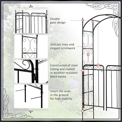 Outsunny 84" Garden Arch Arbor with Gate, Metal Arch Trellis, Garden Archway for Climbing Vines, Wedding Ceremony Decoration, Flourishes & Arrow Tips, Black