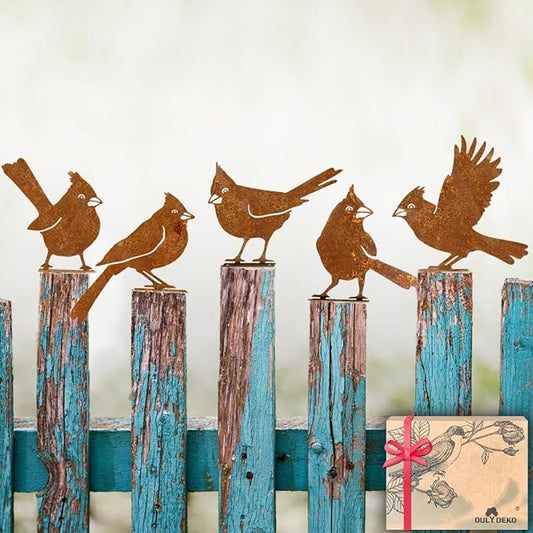 OULYDEKO 5PCS Rusty Birds Decoration, Garden Decor Spring Decorations Outdoor, Metal Birds Yard Decor Perfect Yard Art and Large Outdoor Ornaments, Cardinal Gifts，Metal Bird Silhouette Statues