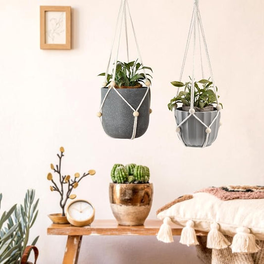 Artilady Hanging Planter for Indoor Plants Adjust Bead Macrame Plant Hanger | White Plant Holder, Large Hanging Baskets for Plants Outdoor, No Tassels, Farmhouse Rustic, Window Balcony Home Decor, 2Pcs