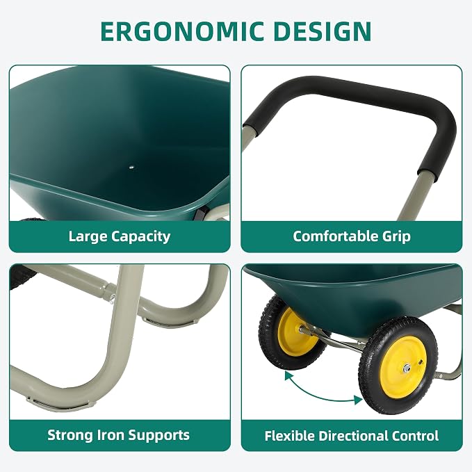 Autodaya Dual-Wheel Garden Cart, 14" Pneumatic Tires & Built-in Stand, 4.5 Cu Ft Utility Yard Wheelbarrow for Gardening, Soil, Construction, Easy Assembly