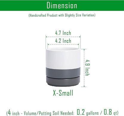D'vine Dev 4.7 Inch Ceramic Planter Pot with Drainage Hole and Saucer, Indoor Cylinder Round Planter Pot, White/Speckled Grey, 94-O-B-6