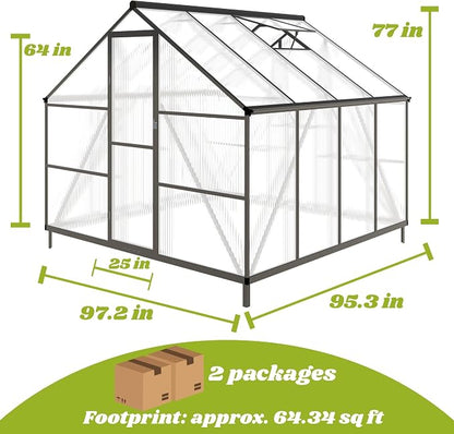 8x8 FT Greenhouses for Outdoors, Polycarbonate Greenhouse with PC Panels, Greenhouses for Outdoors for Yard, Garden, Hobby, Dark Gray
