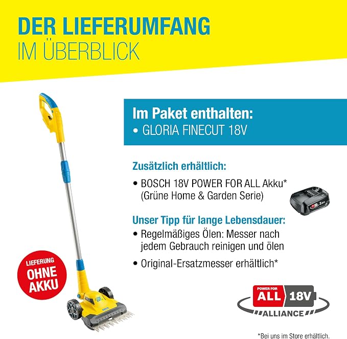GLORIA battery lawn and edge trimmer FineCut 18V - complement for robotic mower | battery lawn mower/trimmer | 25 cm cutting width | adjustable handle angle |Bosch 18V POWER FOR ALL, without battery
