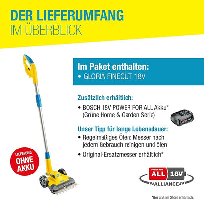 GLORIA battery lawn and edge trimmer FineCut 18V - complement for robotic mower | battery lawn mower/trimmer | 25 cm cutting width | adjustable handle angle |Bosch 18V POWER FOR ALL, without battery