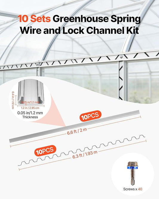VEVOR Greenhouse Spring Wire and Lock Channel, 10 Packs 6.56 ft PVC-Coated Wiggle Wire & Aluminum Alloy Channel Bundle Kit with Included Screws, 0.05 in Thickened, Poly Film & Shade Cloth Attachments