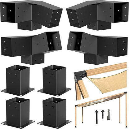 15° Pergola Bracket, 75° Corner 3-Way Pergola Right Angle Bracket with Post Base, Raised Wood Bracket for 4"x4" (Inner Dimensions: 3.5"x3.5") Wooden Beam, Pergola, Garden, Gazebo,... (Set 8)