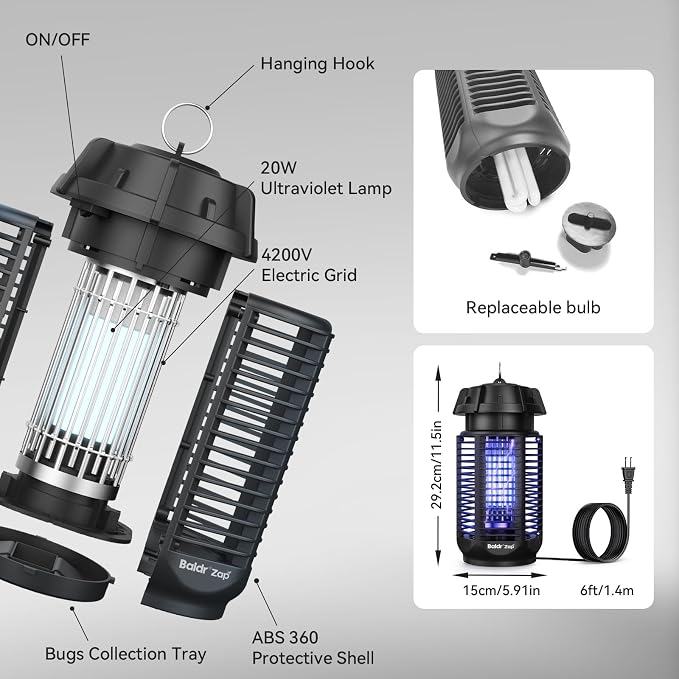Electric Bug Zapper for Outdoor Indoor, Mosquito Zapper, 1/2 Acre Wide Coverage, 4200V 20W Powerful, IPX4 Waterproof Insect Killer for Backyard, Patio, 2 Pack